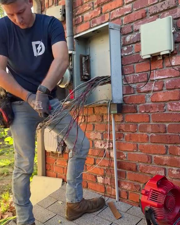 An electrician in a Dynamic Electric shirt pulling the old conductors out of a panel on a brick wall.