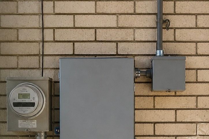 A meter, a new grey panel and a disconnect mounted on a tan brick wall, conduit running up from the panel.