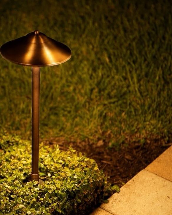 A bronze path light glowing over a planted bed beside a concrete walk at dusk.